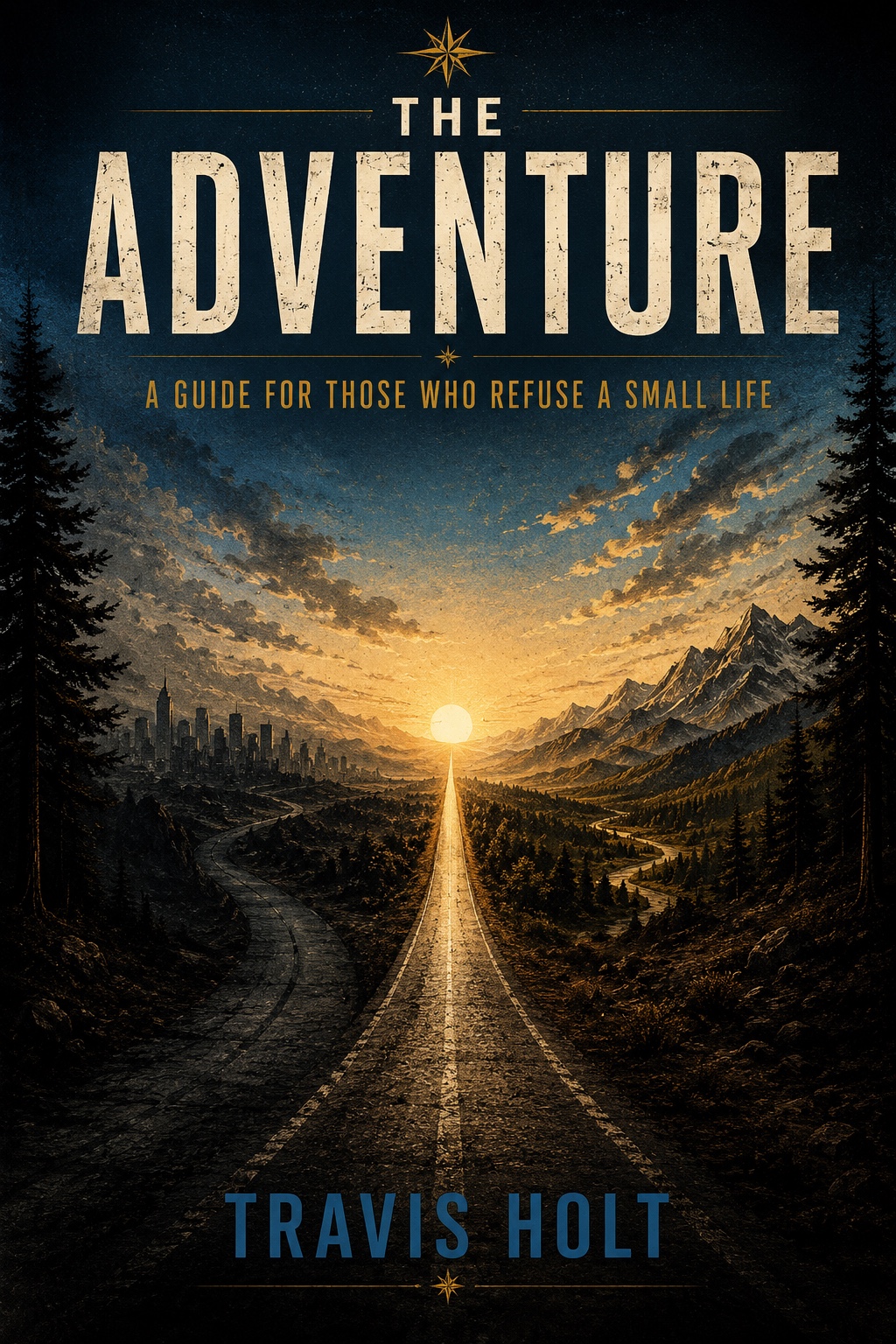 The Adventure by Travis Holt — A Guide for Those Who Refuse a Small Life. A golden road leads toward the sunset between blue mountains.