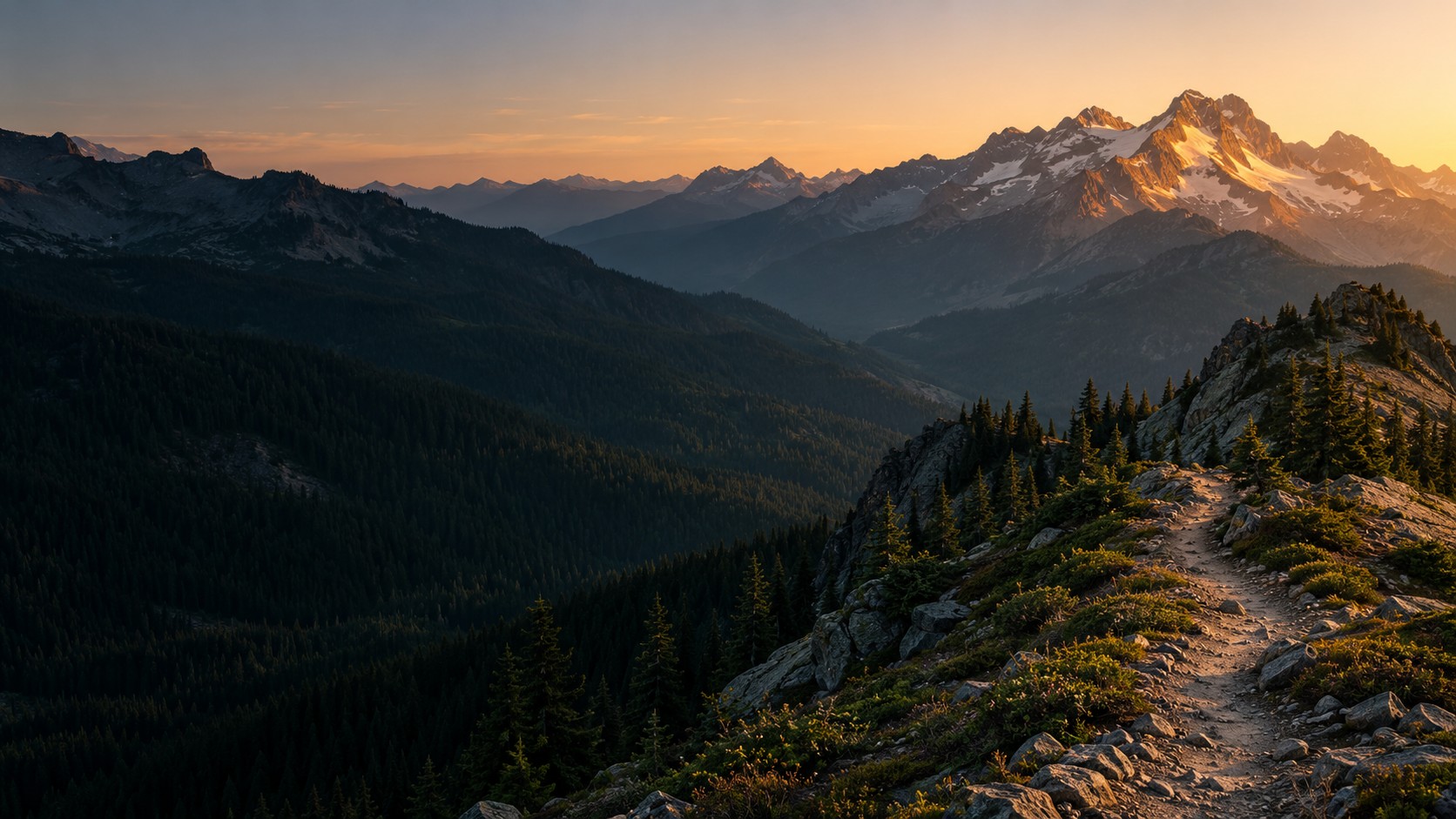 A winding mountain trail above a forested valley in the first light of dawn