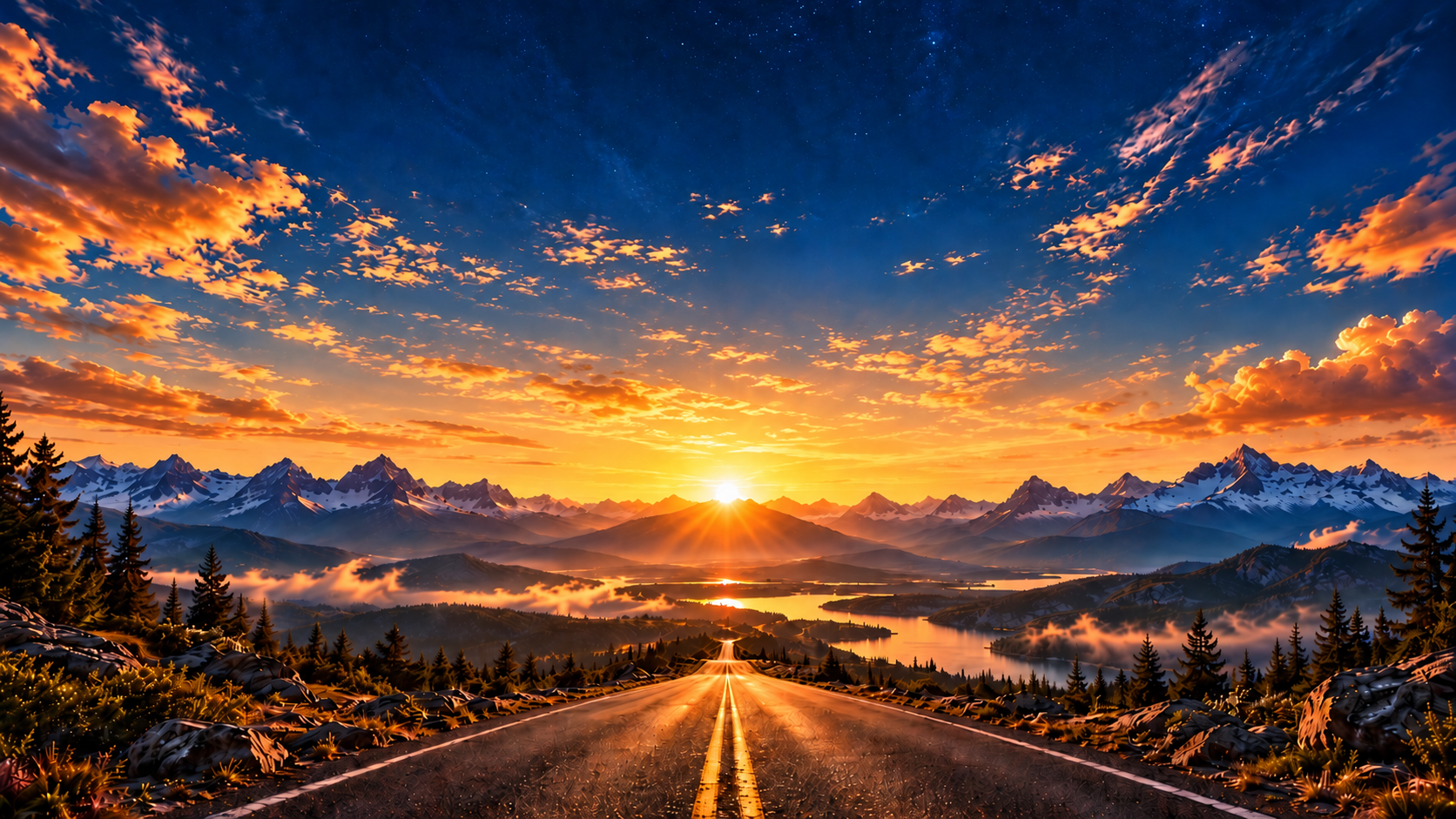 An open road leads toward a golden sunrise over an alpine lake and mountains beneath a deep blue sky